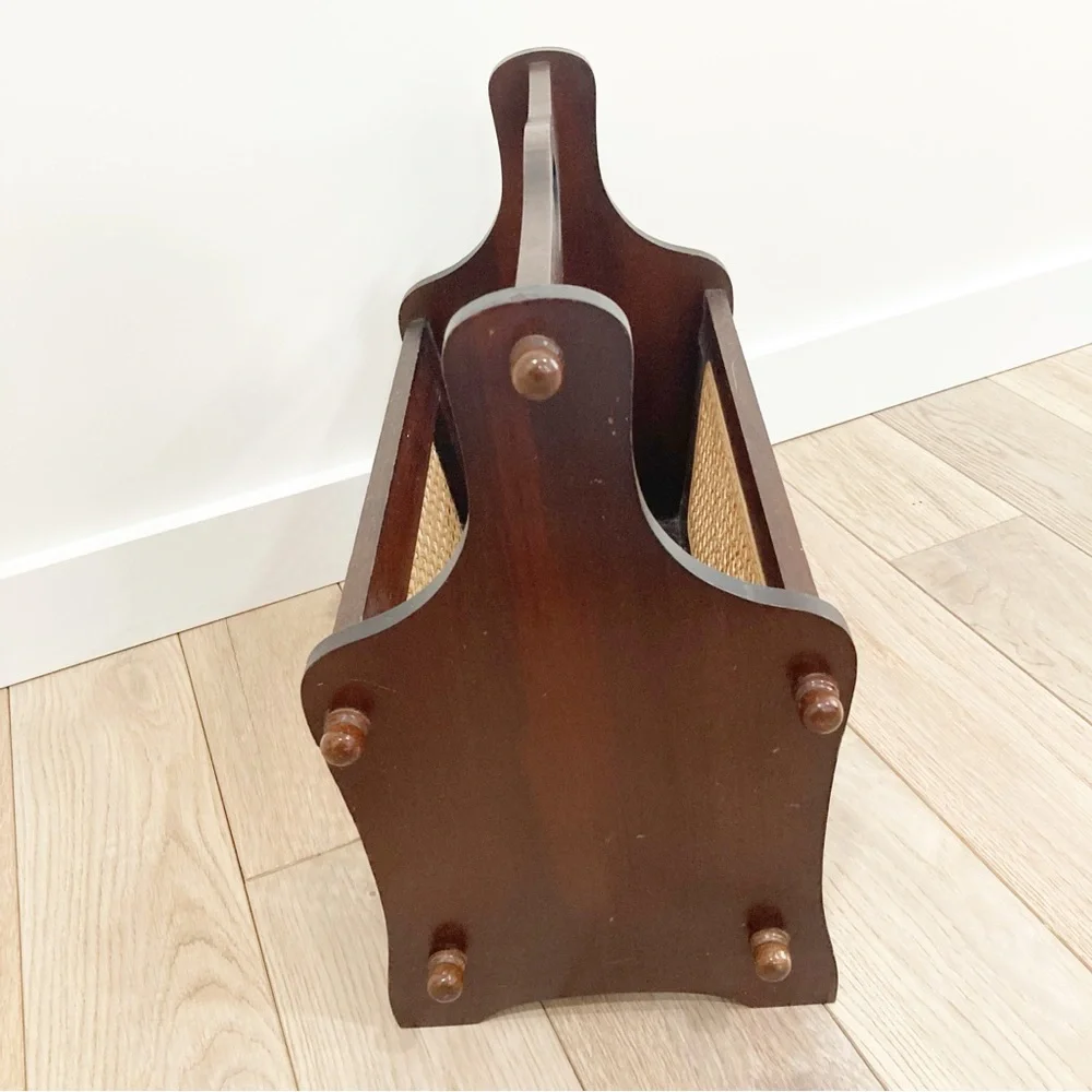 Vintage Brown Wood and Cane Magazine Rack